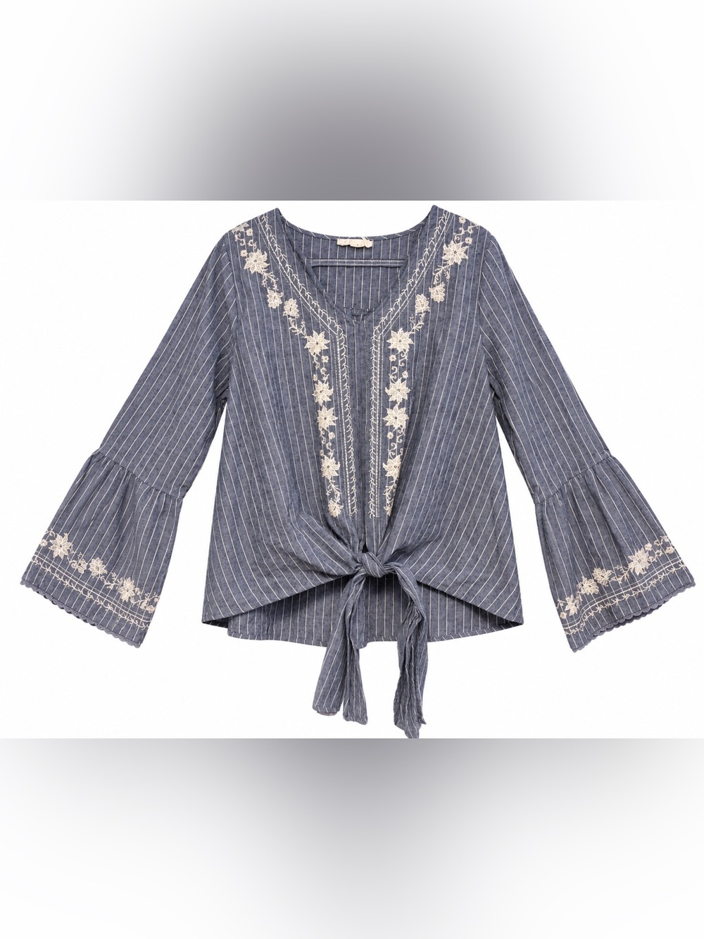 Blu Pepper Blue Striped Tie-Front Embroidered V-Neck Blouse